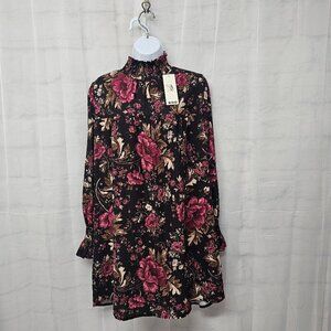 Boohoo Dress Goth Black Floral Mini Shift High Neck Romantic 4 NWT